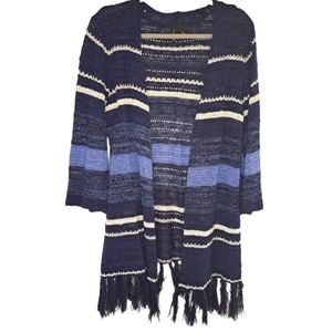 New Directions Blue Striped Fringed Open Front Cardigan Size XL